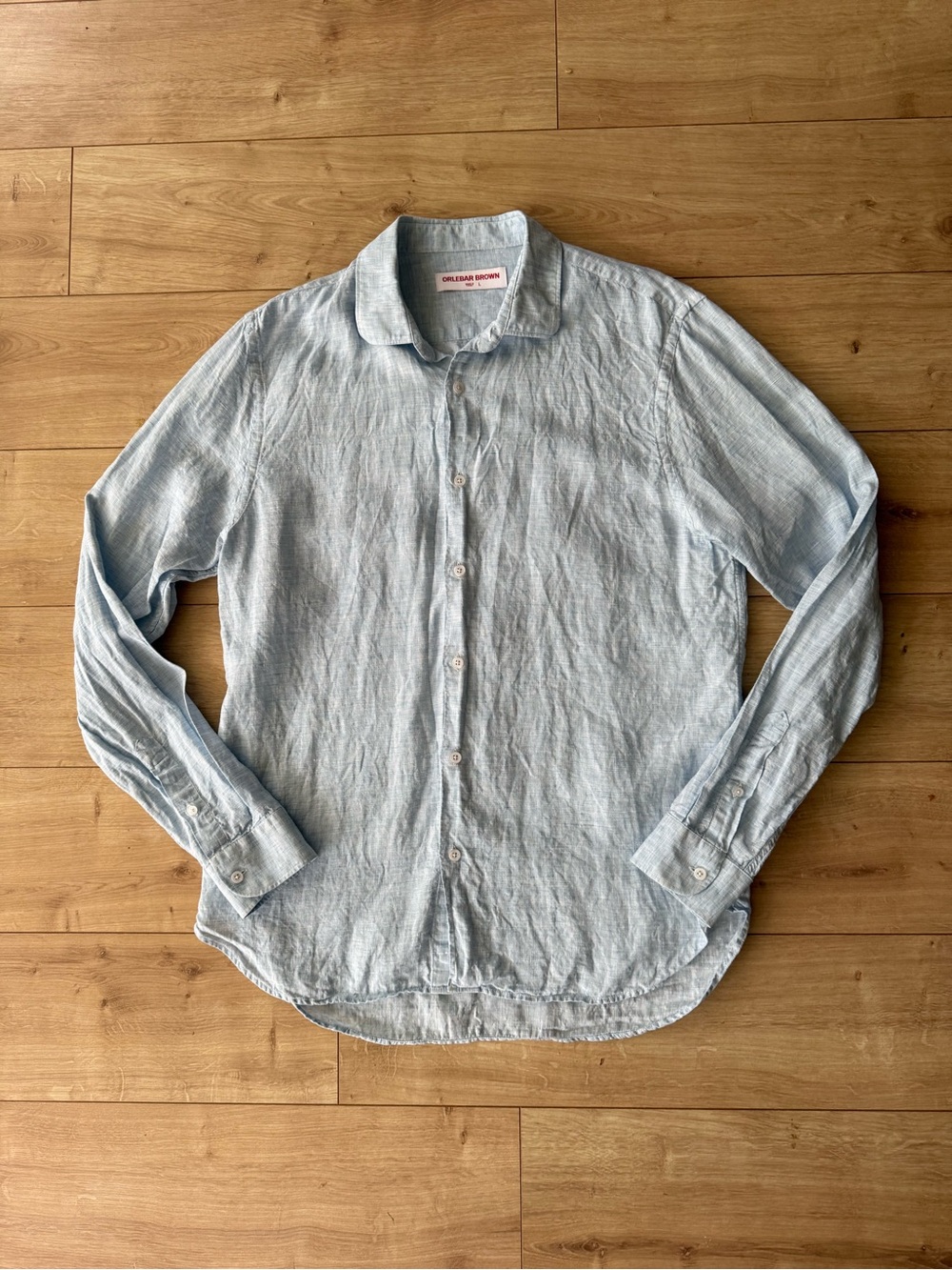 Orlebar Brown Giles Blue 100% Linen Button Front Shirt Long Sleeve Size L